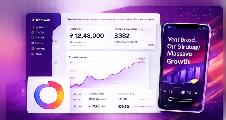 Growth dashboard with ad performance and brand strategy visual